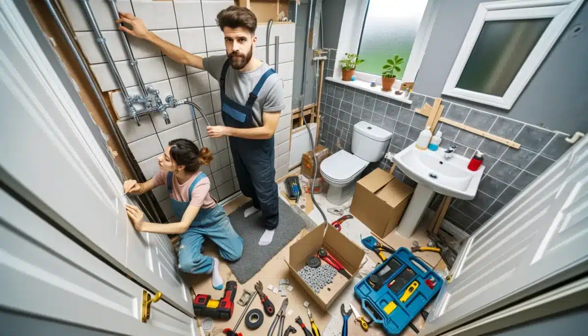Wide-angle UK House Construction Workers Bathroom Renovation