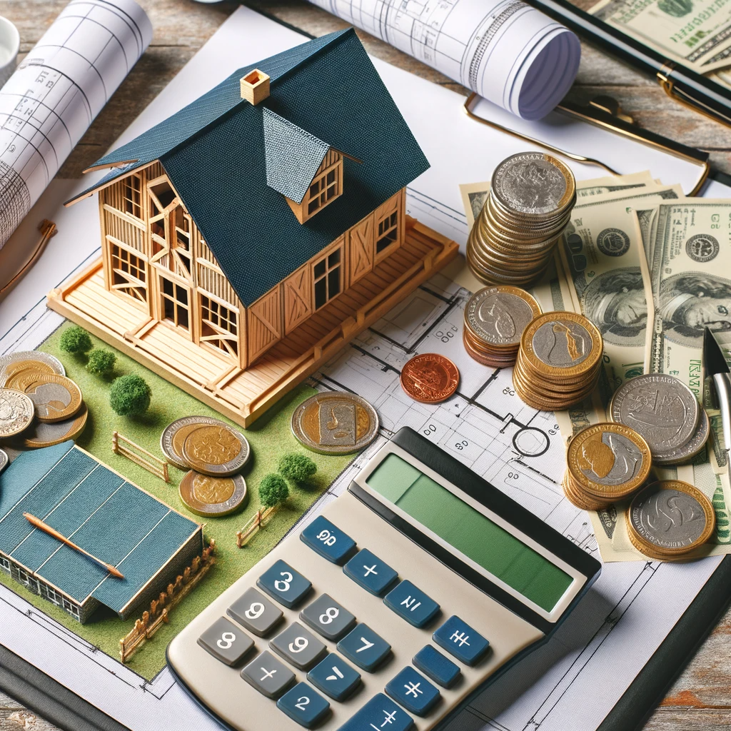DALL·E-2023-12-31-14.14.12-Create-an-image-depicting-a-calculator-blueprints-and-a-model-barn-house-with-coins-and-banknotes-symbolizing-budgeting-and-financial-planning-for-.png