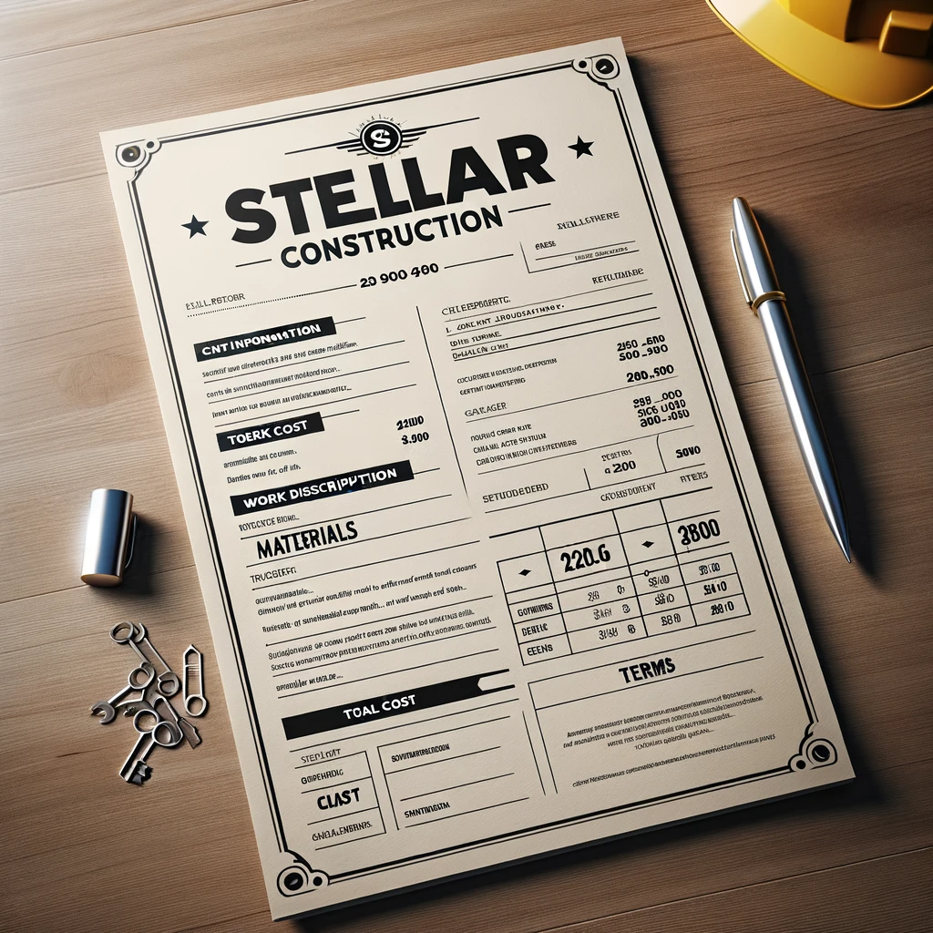 DALL·E 2023-12-31 14.59.10 – An A4 paper featuring the logo and contact details of ‘Stellar Construction’ at the top. Below is a clear header titled ‘Builder’s Quote.’ Sections in