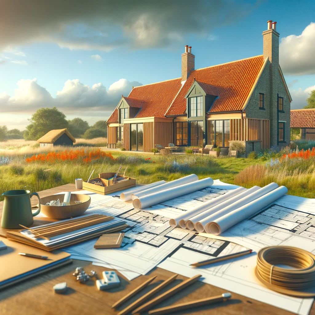 DALL·E-2023-12-31-15.14.43-An-artistic-representation-of-a-classic-Norfolk-landscape-with-a-modern-sustainable-home-being-built-showing-traditional-materials-and-modern-design-.png