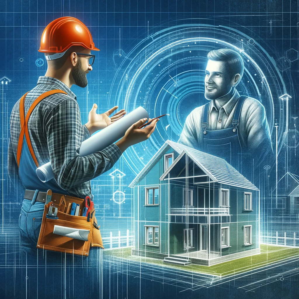 DALL·E 2023-12-31 15.29.41 – A digital illustration depicting a homeowner and builder in positive communication over blueprints, with a partially constructed home in the backgroun