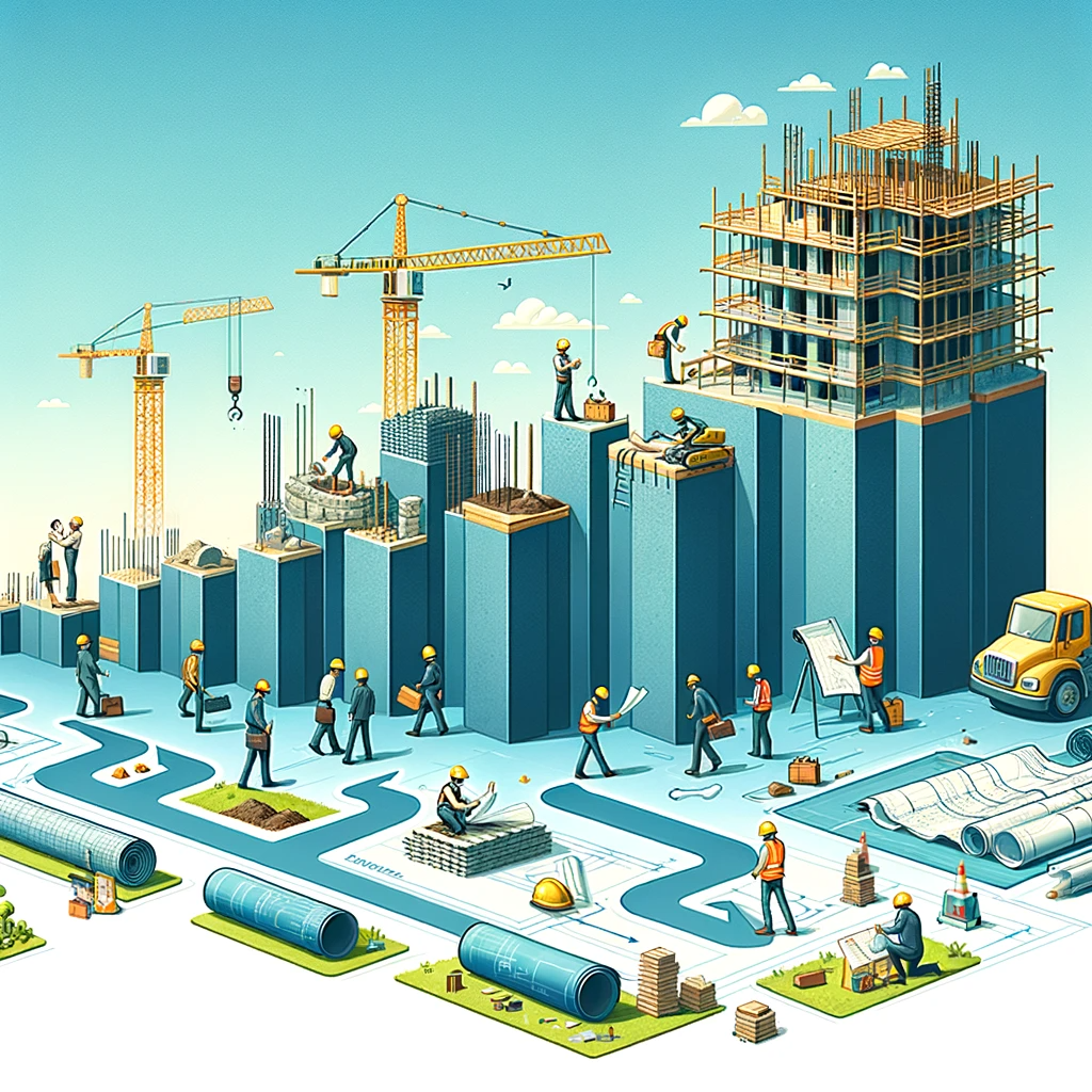 DALL·E-2023-12-31-15.39.38-A-stylized-timeline-depicting-various-stages-of-building-construction-from-planning-foundation-laying-building-to-finishing.-Include-small-characte.png