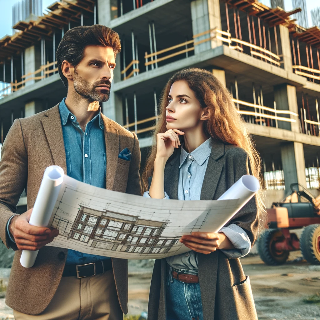 An-image-of-a-couple-standing-in-front-of-a-construction-site-looking-thoughtfully-at-the-unfinished-building.-They-are-holding-blueprints-and-discus.png