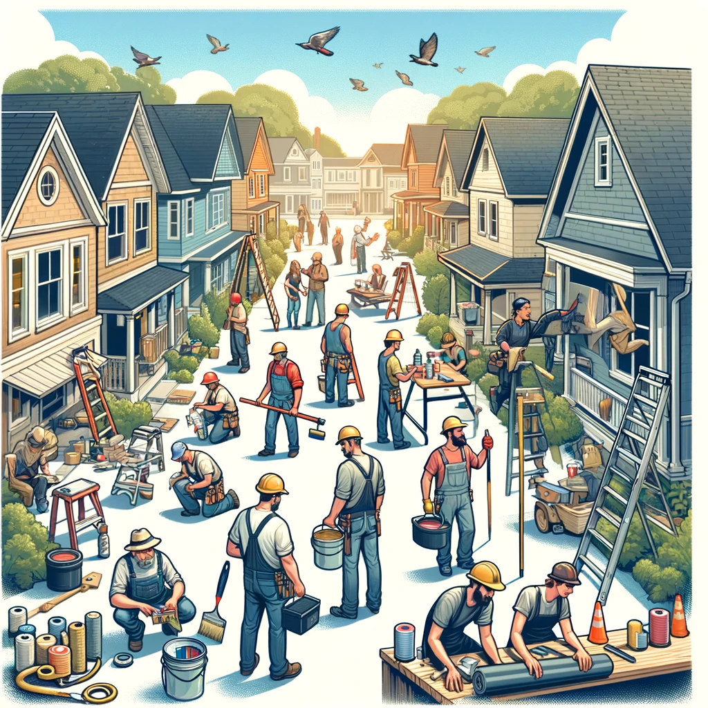 DALL·E-2024-01-10-12.04.02-A-bustling-neighborhood-scene-featuring-various-local-independent-tradespeople-including-carpenters-painters-and-electricians-working-together-on-.png