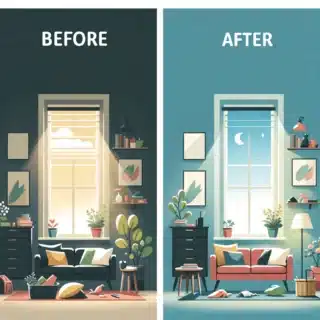 Before-and-after comparison of a small living room redesign