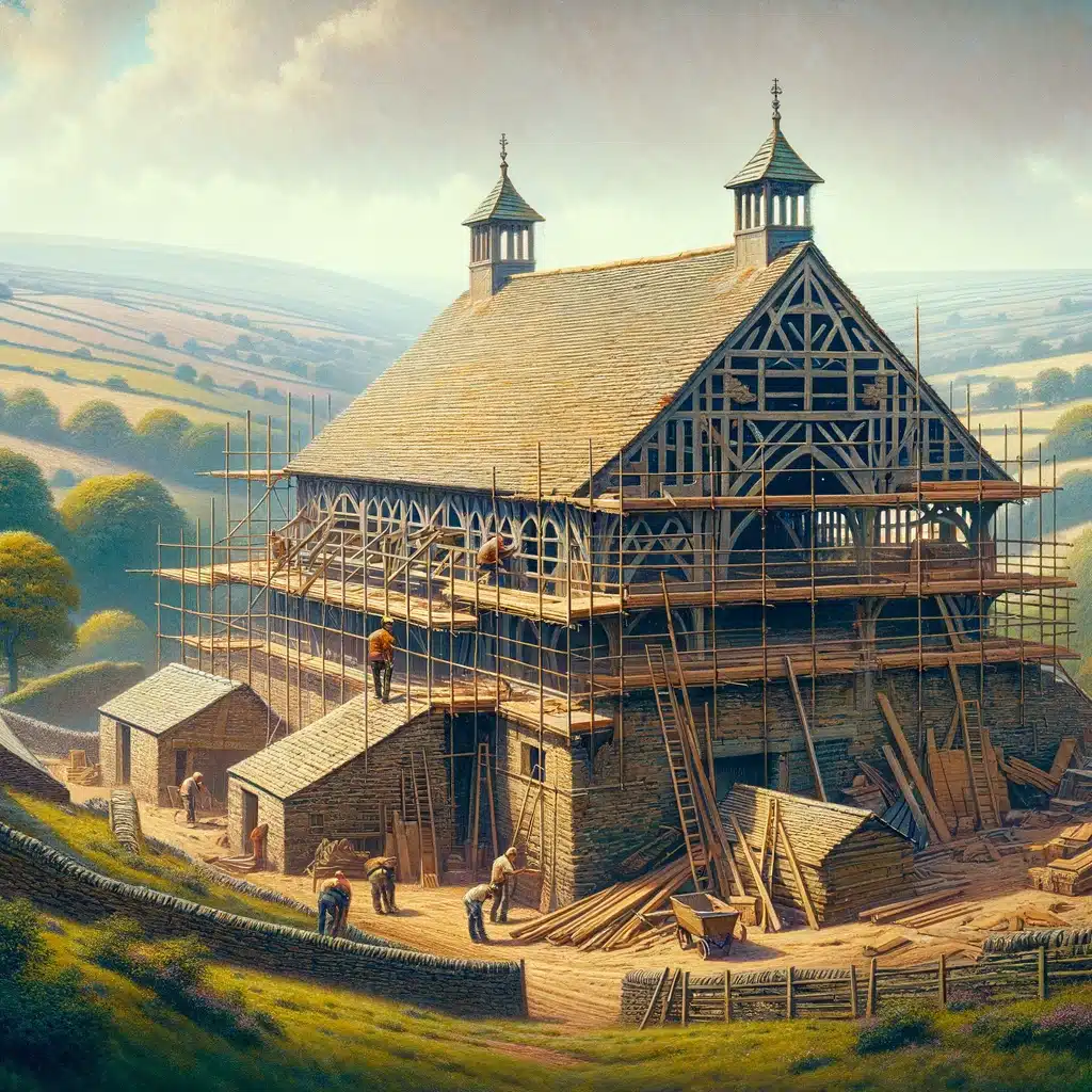 an-image-of-an-old-English-barn-undergoing-renovation.-The-scene-should-depict-a-quintessential-English-countryside-setting-with-a-traditional.webp