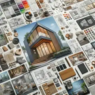 A mood board filled with various inspirations for home extensions, featuring sketches of proposed designs, samples of materials like wood, glass, and