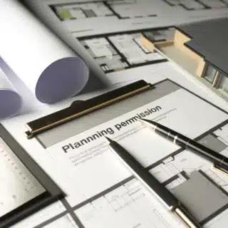An image capturing an open planning permission document laid out on a table, surrounded by architectural plans showcasing detailed house extensions, a