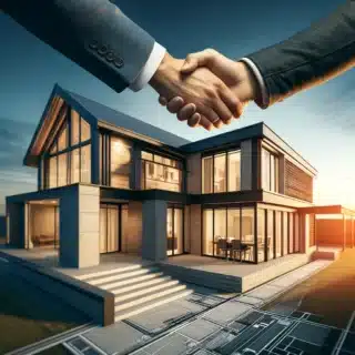 An image depicting a heartfelt handshake between a homeowner and a builder in front of a newly completed home extension. The extension itself features