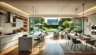 Bright open-plan kitchen and living room extension with large glass doors leading to a garden, featuring a modern kitchen island, sofas, and pendant lighting.