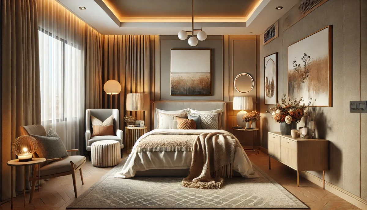 A cozy guest room designed for hosting family and friends, featuring stylish furniture such as a comfortable bed