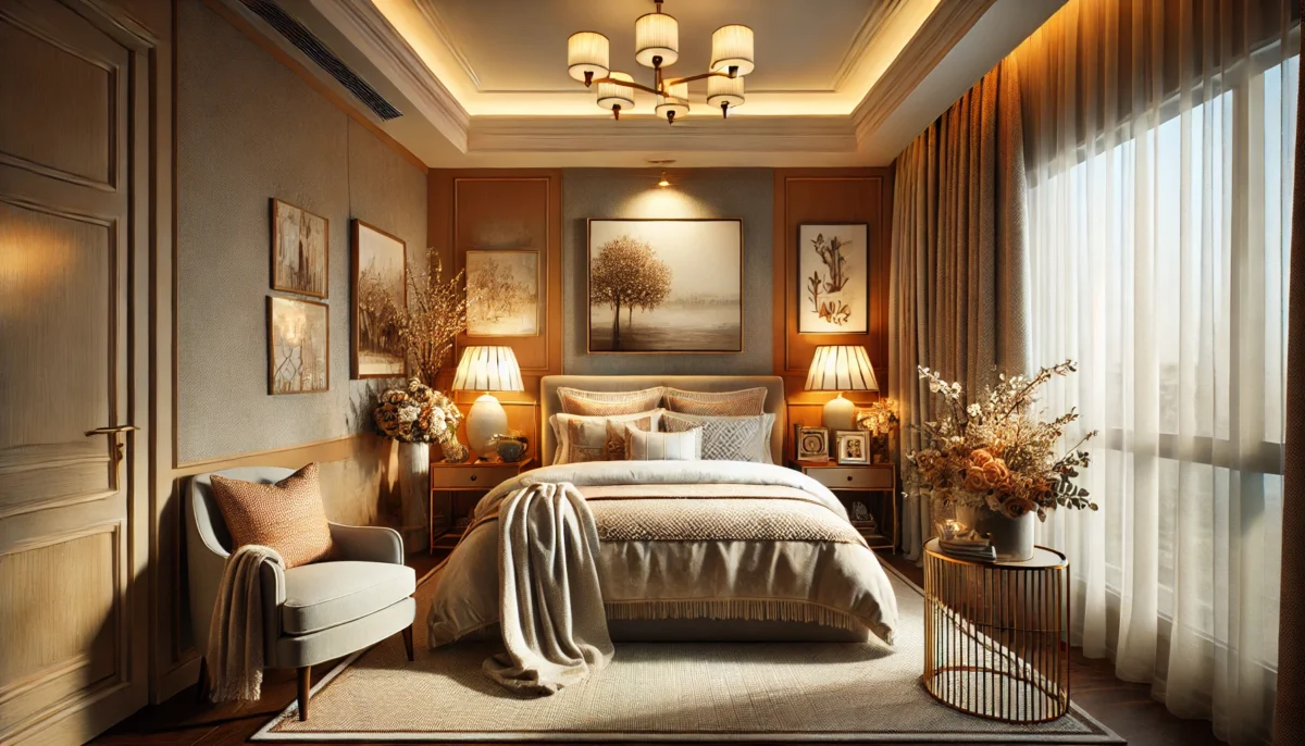 A cozy guest room designed for hosting family and friends, featuring stylish furniture such as a comfortable bed with layered, plush bedding and decor