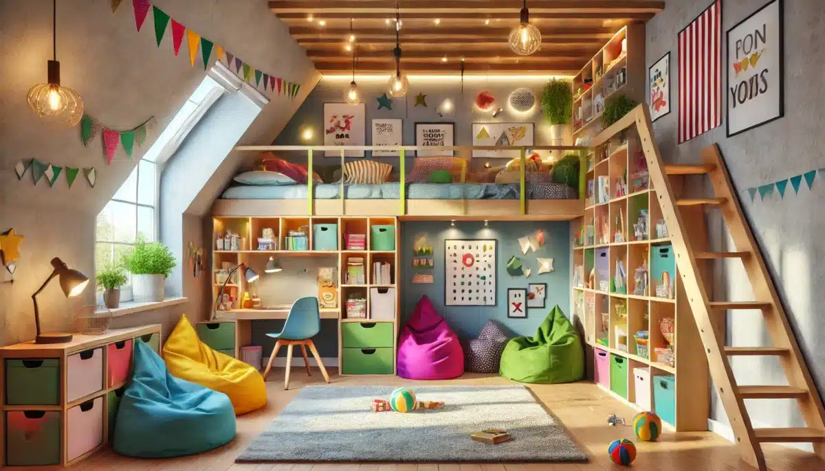 A vibrant and functional playroom or teen hideout loft conversion designed for relaxation, study, and play.