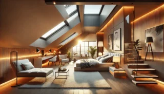 "Modern loft conversion with a master suite featuring skylights, sleek furniture, and warm lighting, designed by Stellar Construction."