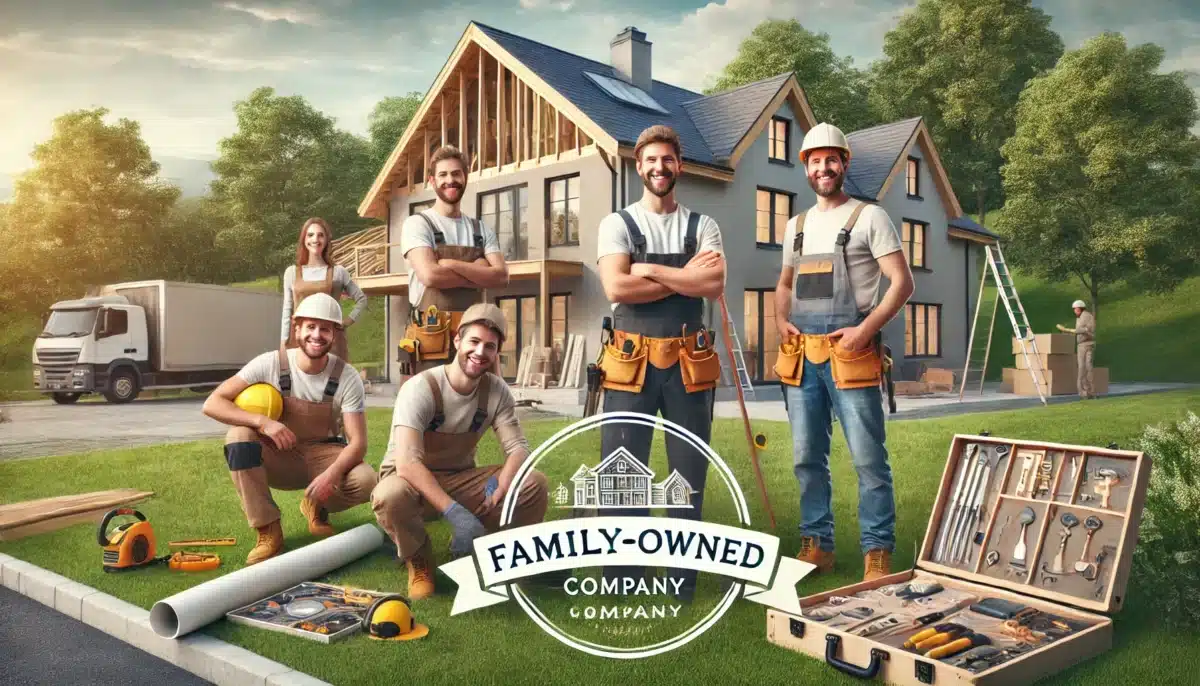 The image shows a friendly construction scene with skilled builders working on a new home under clear skies.