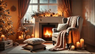 a fireplace with a blanket and pillows in front of a window