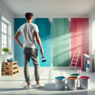 a man holding a paint brush in a room with paint cans
