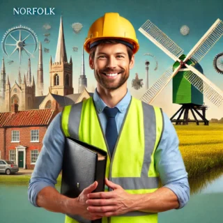 a man in a yellow hard hat holding a folder