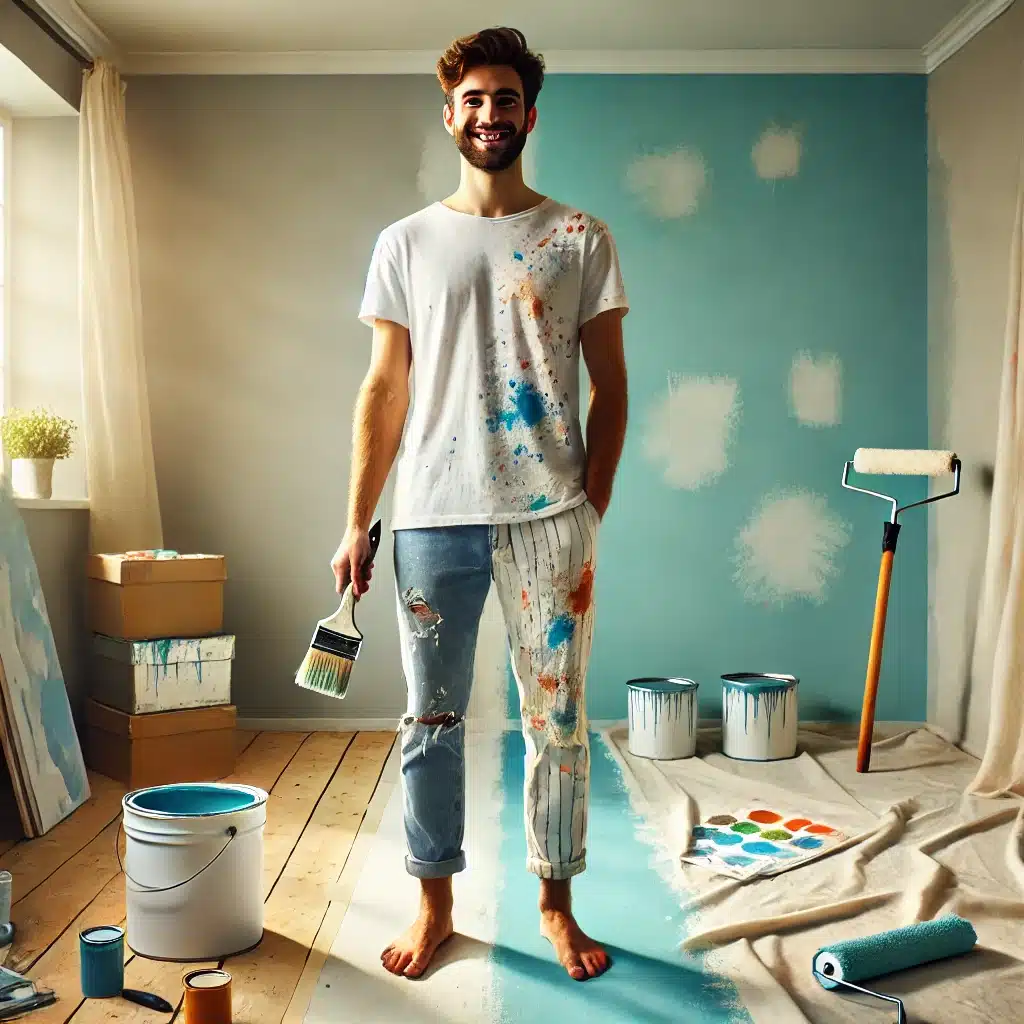A-person-standing-in-a-half-painted-room-with-paint-splatters-on-their-clothes-hands-and-the-floor.webp