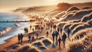 a group of people walking on a beach