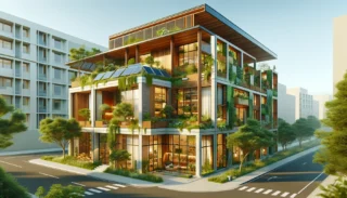 a building with trees and plants on the side of it