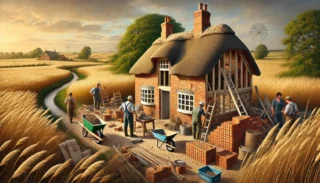 a group of men building a house