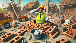A builder in a high-visibility vest and hard hat scratches their head while looking for a tool on a cluttered construction site. The missing trowel is humorously hidden in plain sight, sticking out of a pile of bricks. The scene includes scaffolding, construction materials, and a partially constructed building under a sunny sky