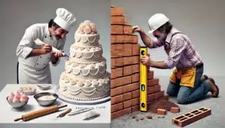 Side-by-side comparison of a baker icing a layered cake and a builder laying bricks, highlighting the similarities between baking and construction with humour