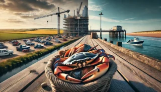 Norfolk construction crane lifting materials with a Cromer coastline backdrop