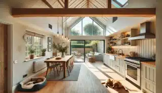 Norfolk home extension with a modern open-plan kitchen, dining area, and a cosy dog-friendly space, built by Stellar Construction.