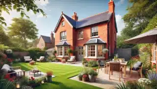 A traditional Norfolk home with red brick walls, white window frames, and a tiled roof. The large garden has vibrant green grass, blooming flowers, and well-maintained shrubs. The patio area is equipped with contemporary outdoor seating and a barbecue grill, ideal for summer gatherings. The background showcases a clear blue sky with scattered white clouds, enhancing the scene's charm and warmth.