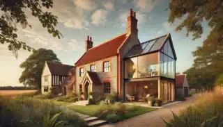 Restored Norfolk brick-and-flint cottage with a modern extension, combining traditional and contemporary design.