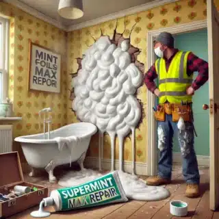 A comical construction fail image where a stunned builder in a hi-vis vest inspects a wall repaired with globs of toothpaste instead of proper filler. The cracks are neatly smeared with toothpaste, and mint-scented vapors waft into the air. A nearly empty tube labeled "SuperMint Max Repair" is on the floor, ignored beside a proper toolbox. The setting is an older home with worn wallpaper. The worker clutches a clipboard titled “Stellar Construction – Site Report,” while the wall features a joke caption: “DIY FAIL #347: Mint Condition Repairs?”