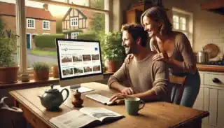 British couple in their 30s browsing for a local builder in North Norfolk on a desktop computer at home.
