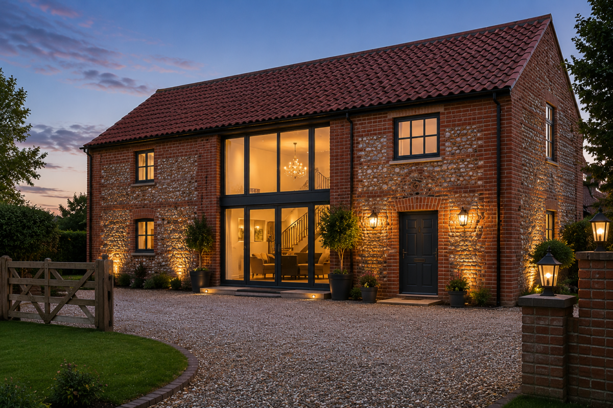 Converted Norfolk barn with modern glazing and traditional brickwork by Stellar Construction
