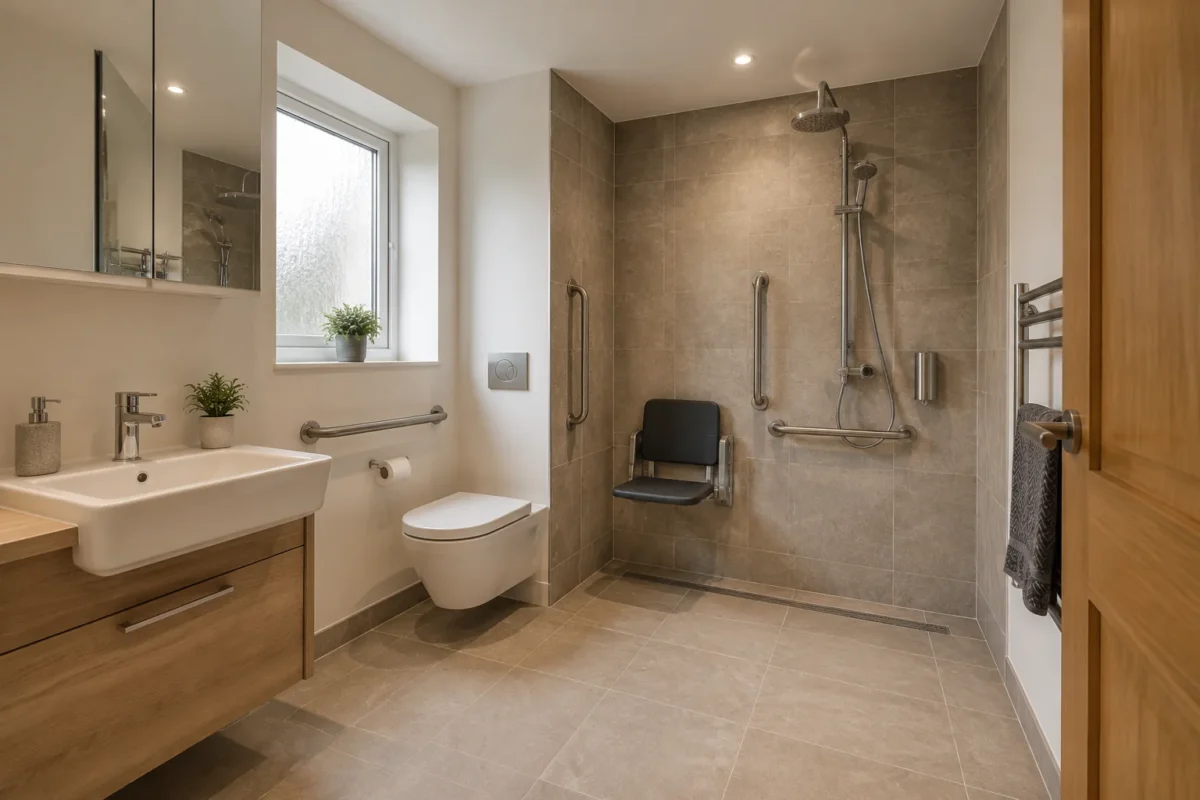 Accessible wet-room design illustration. Contemporary accessible wet room with level-entry shower, fold-down seat and grab rails